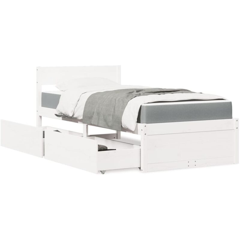 Bed with Drawers and Mattress White 100x200 cm Solid Wood Pine vidaXL