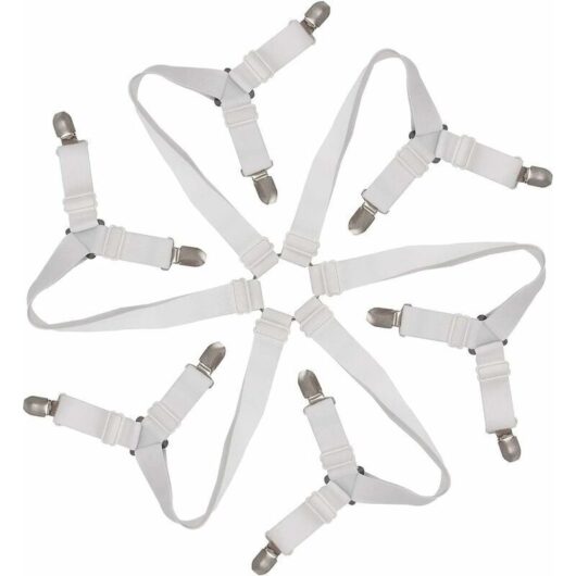 Adjustable 6-Way Elastic Fitted Sheet Straps - Fitted Sheet Fasteners for Round and Square Mattresses (White)