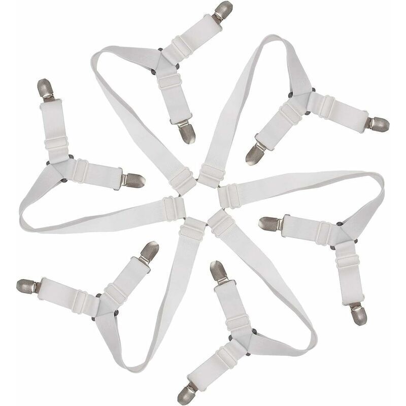 Adjustable 6-Way Elastic Fitted Sheet Straps - Fitted Sheet Fasteners for Round and Square Mattresses (White)