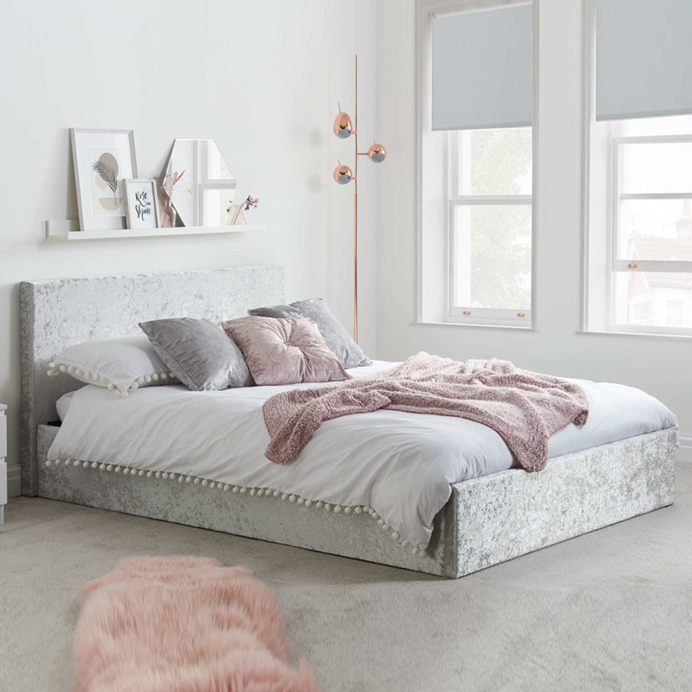 Beano Fabric Ottoman King Size Bed In Steel Crushed Velvet
