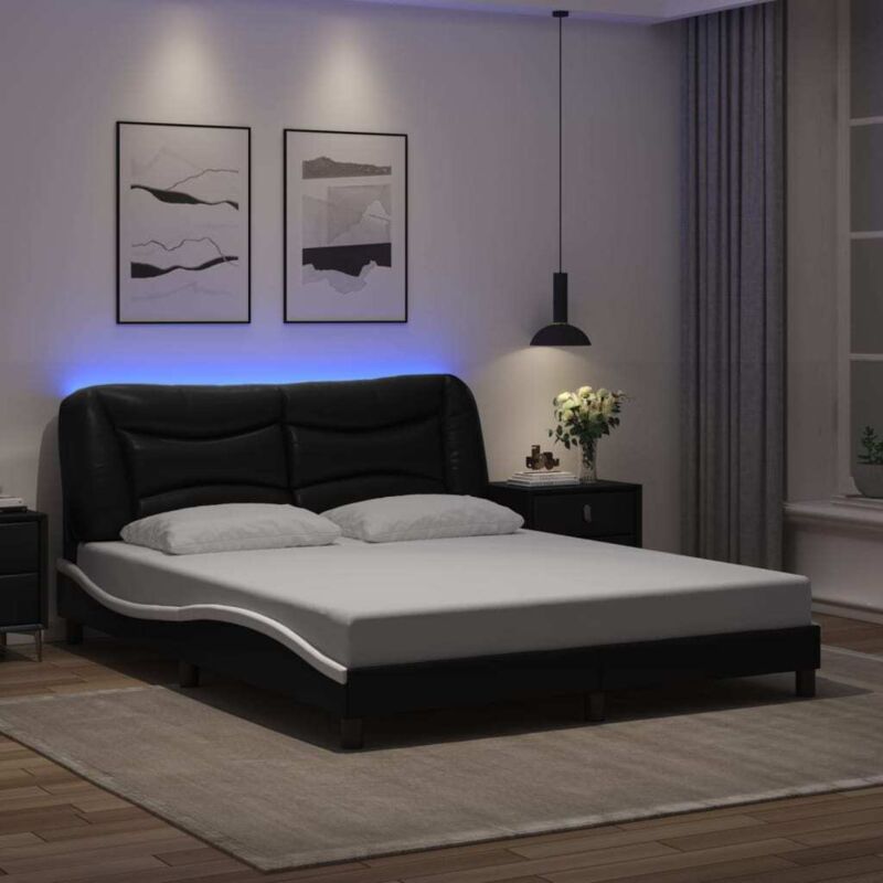 Bed Frame with LED without Mattress "Hvar" Black and White 160x200 cm vidaXL