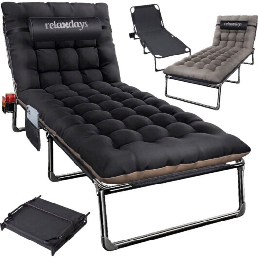 Relaxdays folding camp bed, mattress & neck pillow, phone holder, up to 250 kg, H x W x D: 26x190x72 cm, black
