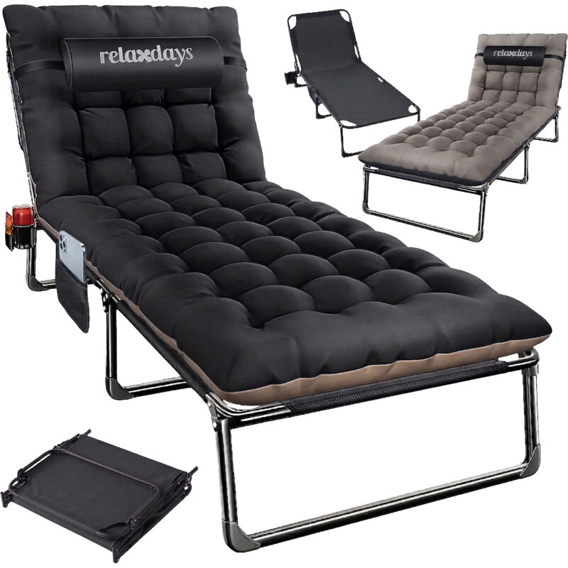 Relaxdays folding camp bed, mattress & neck pillow, phone holder, up to 250 kg, H x W x D: 26x190x72 cm, black