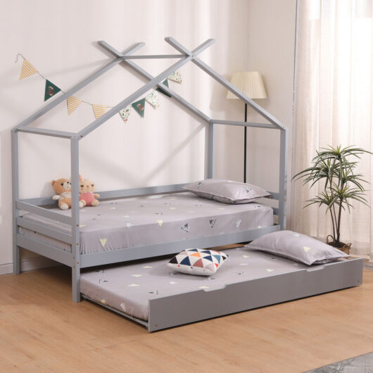 Slumberworx - teddy kids wooden house treehouse single bed with guest trundle bed Grey - Grey