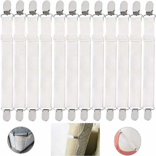 12 elastic tensioners, bed sheet tensioners, elastic mattress clips, elastic fitted sheet tensioners, adjustable bed sheet clips for fitted sheets