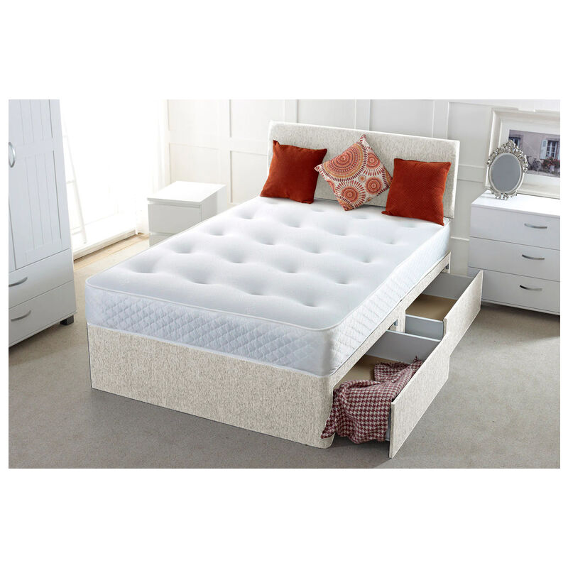 5FT King Cream Plain Chenille Divan Bed Set with Mattress & 2 Drawers