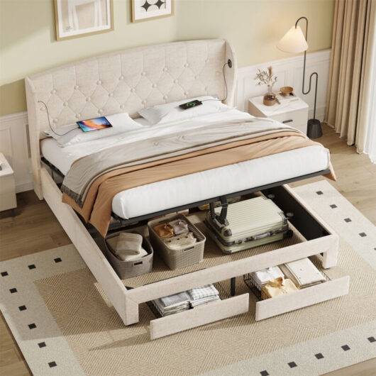 Beige Linen Upholstered Double Bed with Hydraulic Storage & Headboard Charging Station - Wingback Button Tufted Design, USB/Type-C Ports, No Box