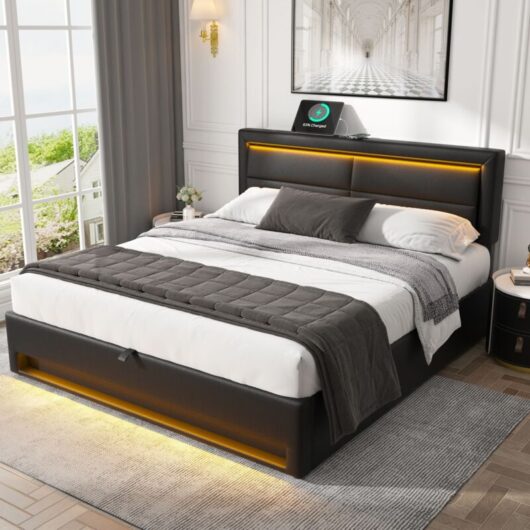 Black Upholstered 135x190cm Double Bed with USB Port,LED Lighting,and Storage(No Mattress)