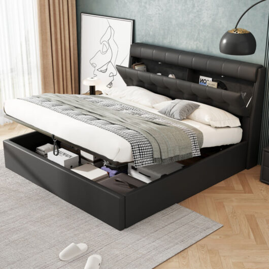 Black Upholstered Double Bed(135x190cm)with Hydraulic Storage&Headboard,Slats Included,No Mattress
