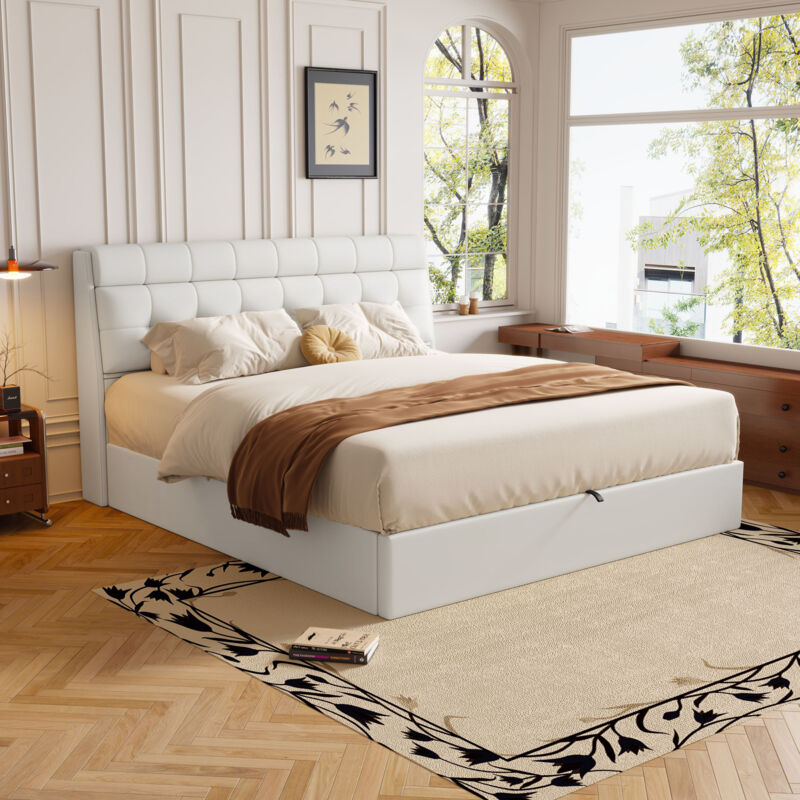 Cream White Fashion Upholstered King Bed,150x200cm,Hydraulic Storage with Concealed Headboard,No Mattress