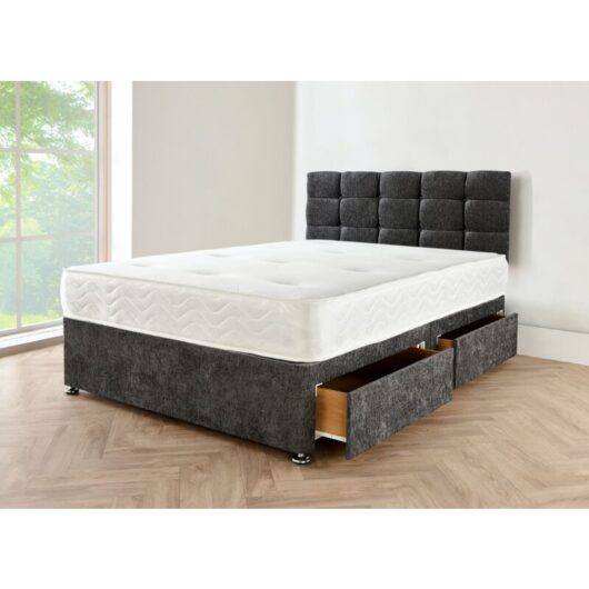 Divan Beds Deals Charcoal Chenille King Size Bed With Mattress And 2 Storage drawers And Matching Headboard - 5FT King Size Bed With Mattress Included