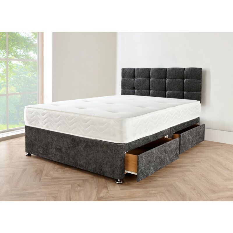 Divan Beds Deals Charcoal Chenille King Size Bed With Mattress And 2 Storage drawers And Matching Headboard - 5FT King Size Bed With Mattress Included