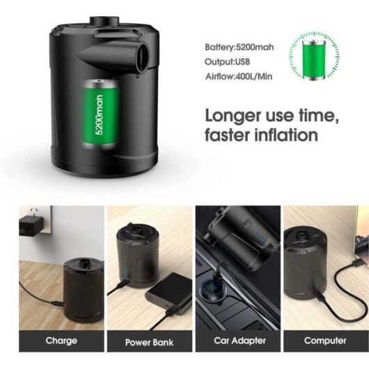 Electric Air Pump, 5200 mAh Rechargeable Battery, Air Mattress Inflator with 3 Air Nozzles, Fast Inflator for Inflatable Boats/Air Mattresses