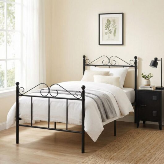 FurnitureR 3ft Single Bed, Metal Platform Bed Frame Solid Bedstead Base with Line-Beard High Headboard and Footboard, Slatted Bed Fits for Children