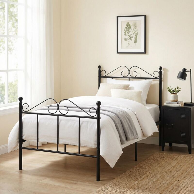 FurnitureR 3ft Single Bed, Metal Platform Bed Frame Solid Bedstead Base with Line-Beard High Headboard and Footboard, Slatted Bed Fits for Children