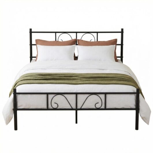 FurnitureR Bed Frame with Metal Platform Solid Metal Headboard and Footboard Hook Storage Space Under Bed Slatted Bed for Adults, Black, Double,