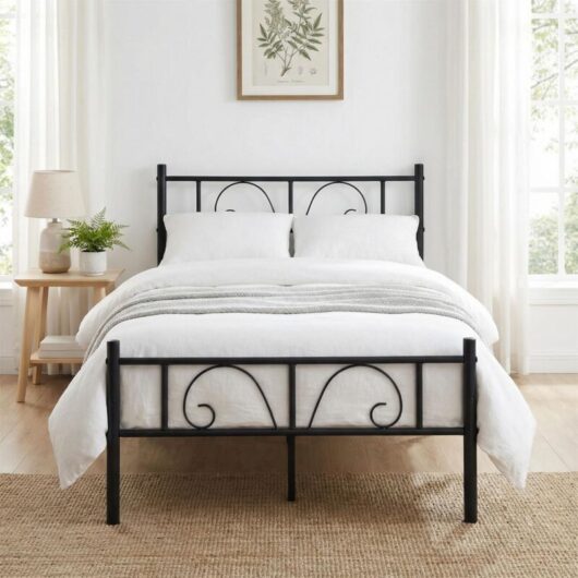 FurnitureR Bed Frame with Metal Platform Solid Metal Headboard and Footboard Hook Storage Space Under Bed Slatted Bed for Adults, Black, Single,