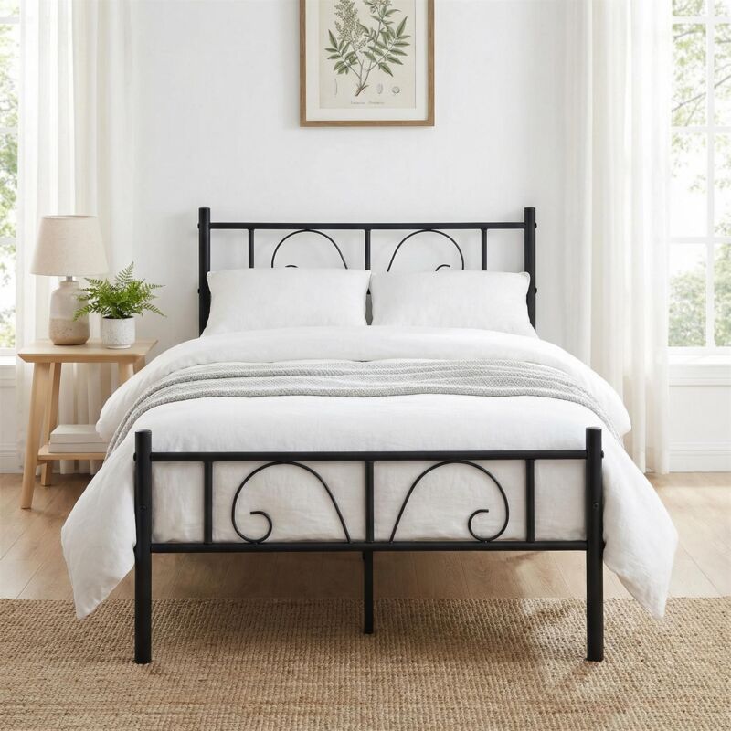FurnitureR Bed Frame with Metal Platform Solid Metal Headboard and Footboard Hook Storage Space Under Bed Slatted Bed for Adults, Black, Single,