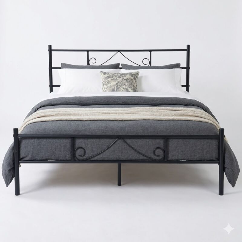 FurnitureR Metal Bed Frame, Elegant Frame with Ornate Headboard and Footboard, Sturdy and Easy to Assemble, for Bedroom, Studio, Apartment, Double,