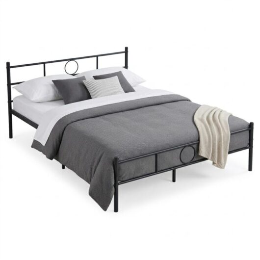 FurnitureR Metal Bed Frame, Simple and Solid Frame with Modern Decorative Circle Design, Perfect for Bedroom, Studio or Apartment, Double Size,