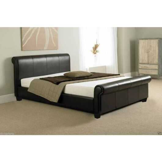 Furniturestop - Comodo Modern Faux Leather Sleigh Bed - Black - 4ft Memory Foam Spring Mattress