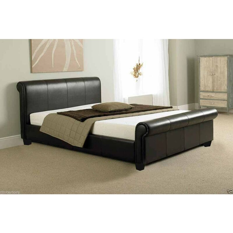 Furniturestop - Comodo Modern Faux Leather Sleigh Bed - Brown - 4ft1500 Pocket Spring Mattress