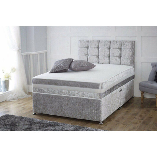 Furniturestop - Divan Bed Crushed Silver Velvet Fabric Bed + Mattress - 13.5 Memory Spring Mattress - 2 Drawers Same Side-6ft