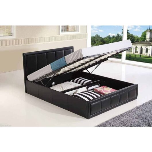 Furniturestop - Excellence Ottoman Storage Faux Leather Bed - Black - Spring Memory Foam Mattress 4ft6