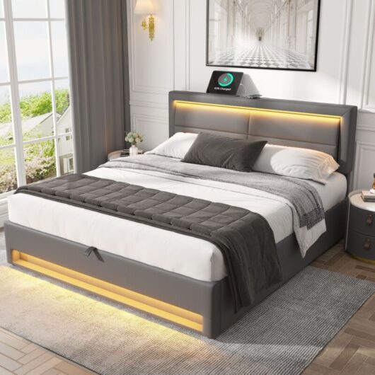 Gray Upholstered Double Bed 135x190cm with USB Port,LED Lighting,and Storage-Mattress Not Included