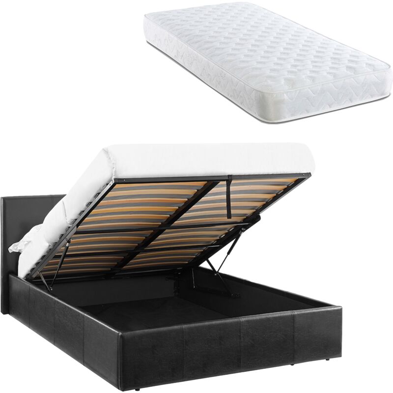 LUNA 3FT Single Black Ottoman Storage Bed with Gas Lift & 17cm Spring Mattress - Faux Leather