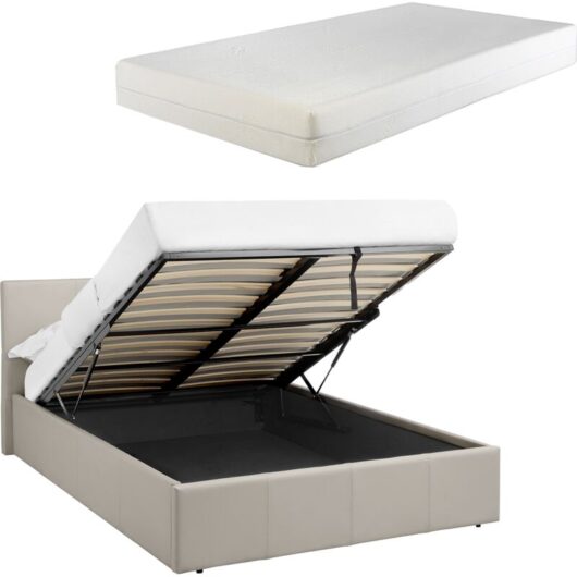 LUNA 3FT Single Cream Beige Ottoman Storage Bed with Gas Lift & 15cm Thick Memory Foam Mattress
