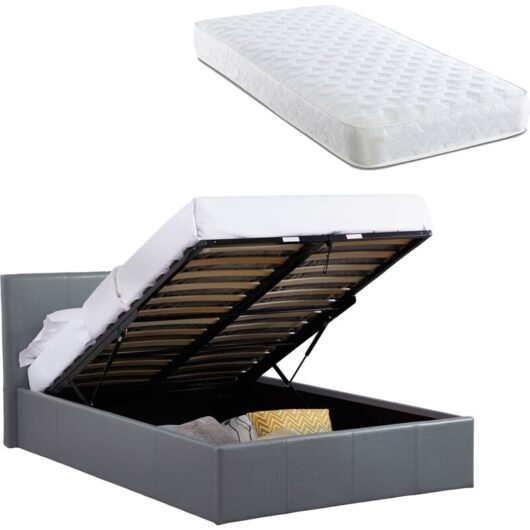 LUNA 3FT Single Grey Ottoman Storage Bed with Gas Lift & 17cm Spring Mattress - Faux Leather