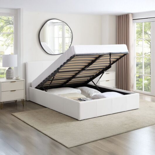 LUNA 3FT Single White Ottoman Storage Bed with Gas Lift Up & Memory Foam & Spring Mattress