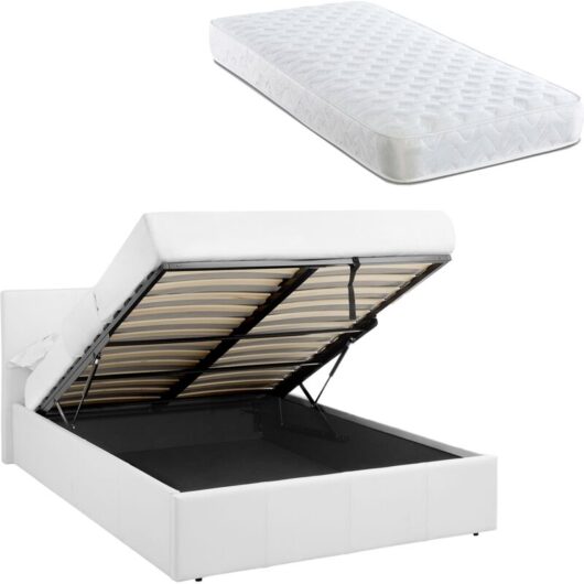 LUNA 3FT Single White Ottoman Storage Bed with Gas Lift & 17cm Spring Mattress - Faux Leather