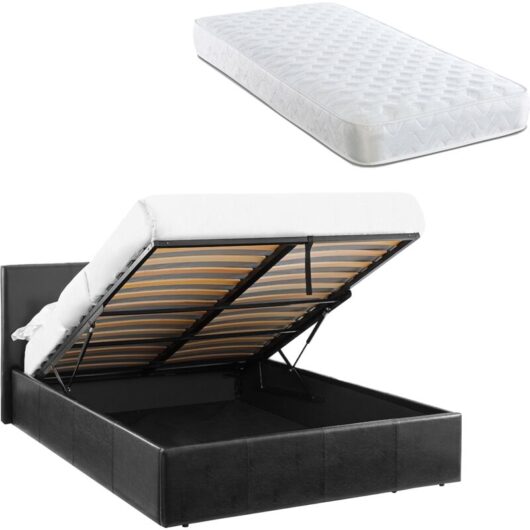 LUNA 4FT Small Double Black Ottoman Storage Bed with Gas Lift & 17cm Thick Spring Mattress