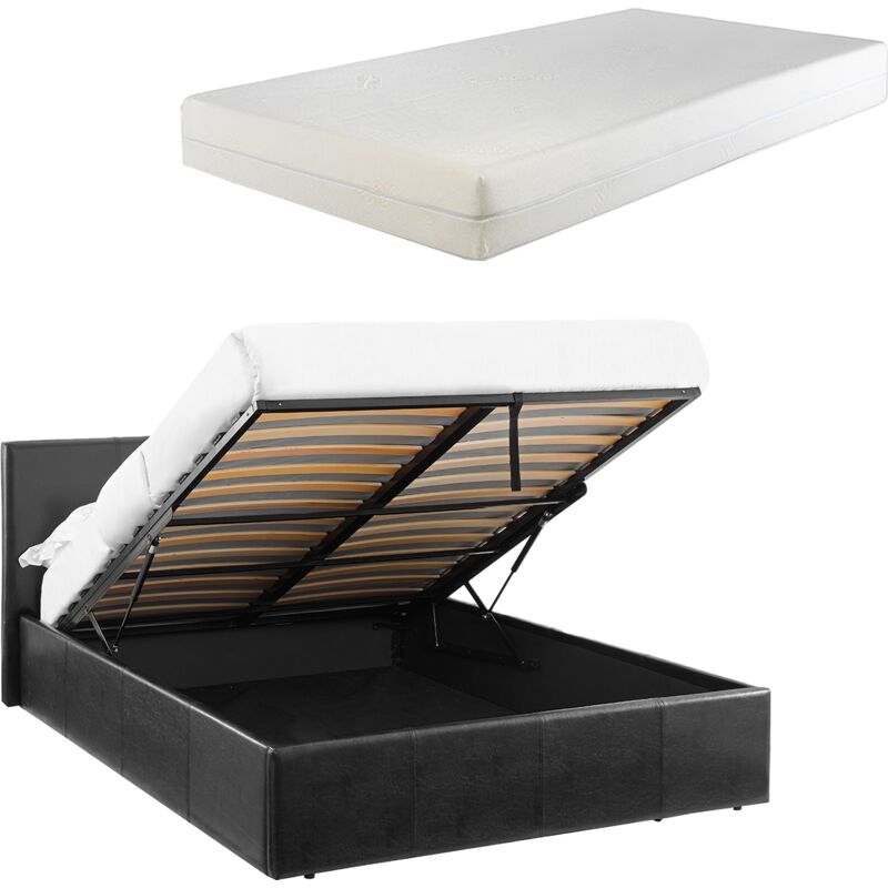 LUNA 4FT Small Double Black Ottoman Storage Bed with Gas Lift & 20cm Thick Memory Foam Mattress