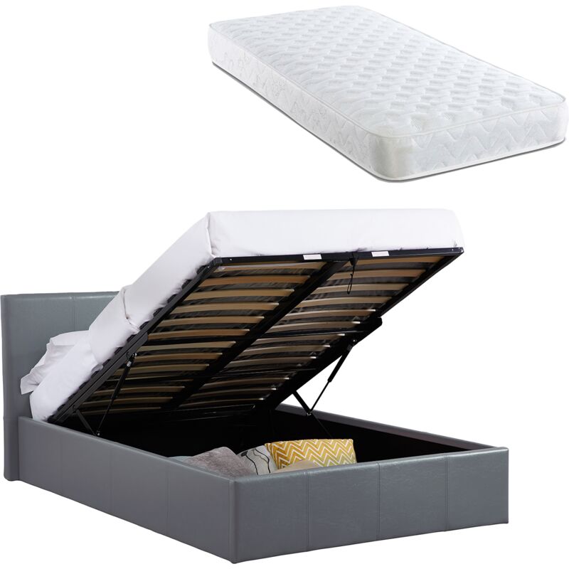 LUNA 4FT Small Double Grey Ottoman Storage Bed Gas Lift & 17cm Thick Spring Mattress