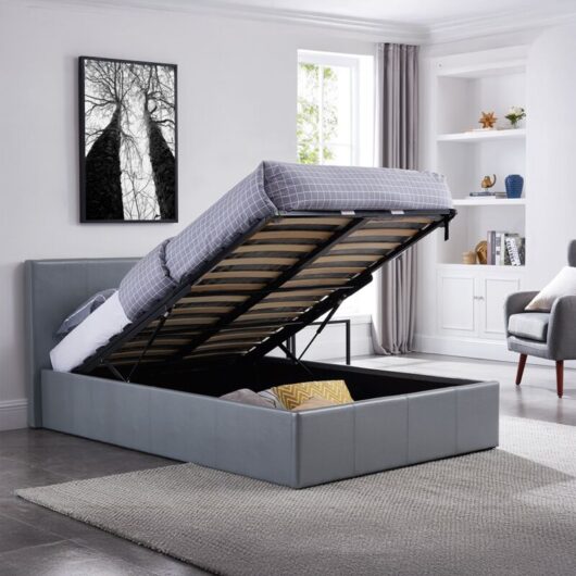 LUNA 4FT Small Double Grey Ottoman Storage Bed with Gas Lift Up & Memory Foam & Spring Mattress