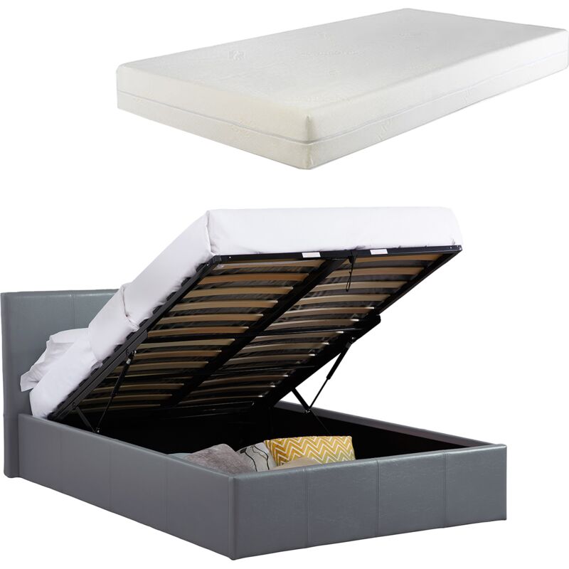 LUNA 4FT Small Double Grey Ottoman Storage Bed with Gas Lift & 20cm Thick Memory Foam Mattress