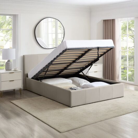 LUNA 4FT6 Double Cream Beige Ottoman Storage Bed with Gas Lift & 15cm Thick Memory Foam Mattress