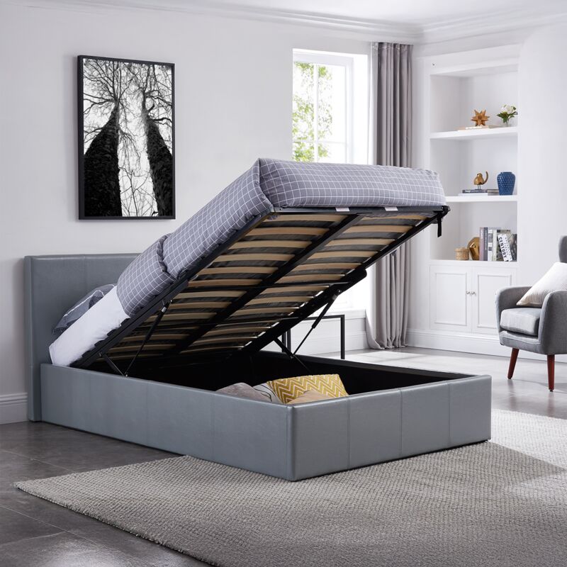LUNA 4FT6 Double Grey Ottoman Storage Bed with Gas Lift Up & Memory Foam & Spring Mattress