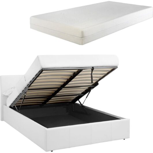 LUNA 4FT6 Double White Ottoman Storage Bed with Gas Lift & 20cm Thick Memory Foam Mattress
