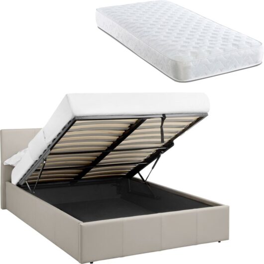 LUNA 5FT King Cream Beige Ottoman Storage Bed Gas Lift & 17cm Thick Spring Mattress
