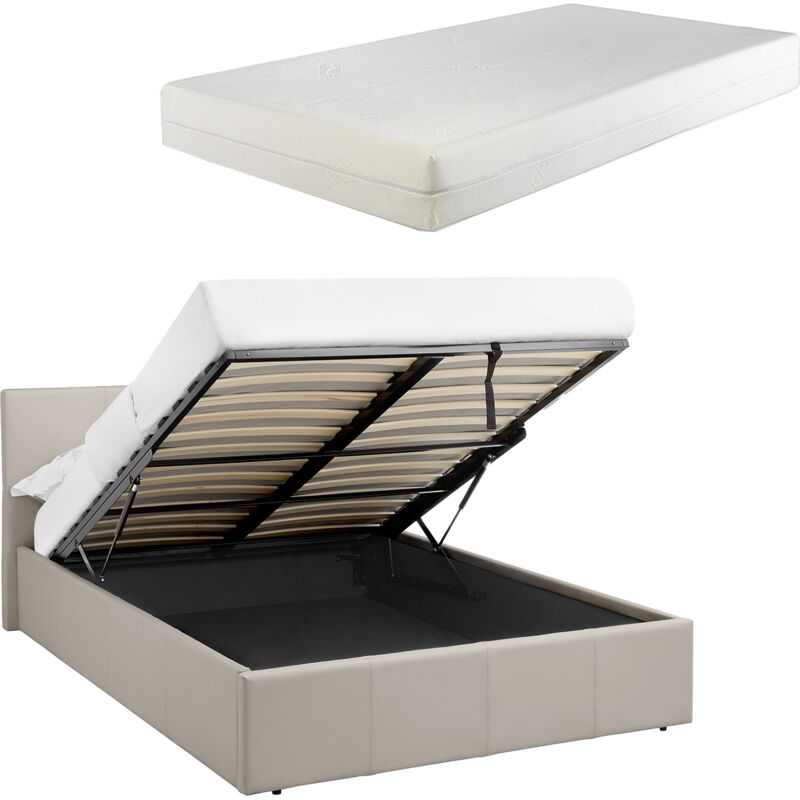 LUNA 5FT King Cream Beige Ottoman Storage Bed with Gas Lift & 15cm Thick Memory Foam Mattress