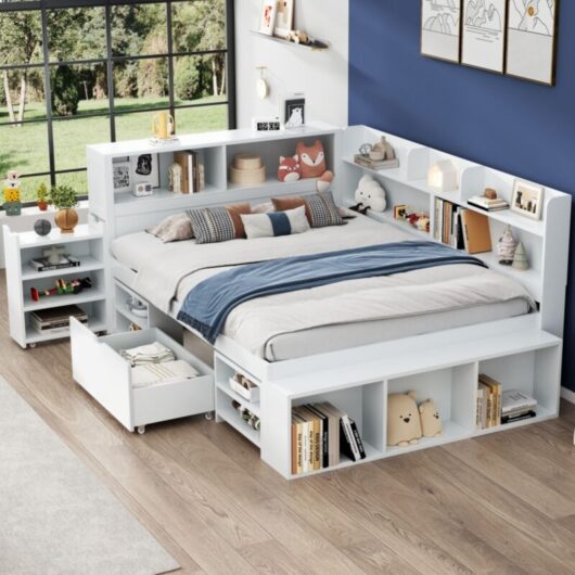 Multifunctional 4ft6 Children's Bed with Drawers,Bookcase,and Storage Cupboard-White,No Mattress