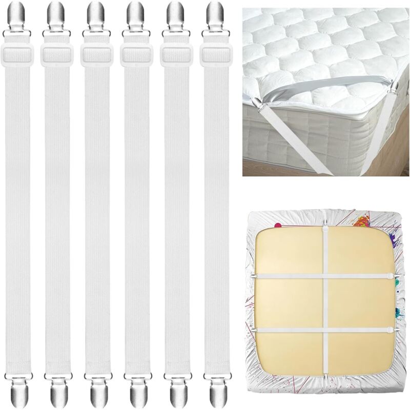 Pack of 6 250cm adjustable elastic sheet clips with metal clips for fitted sheets, mattresses, ironing boards, and sofas. Wrinkle-free, white.