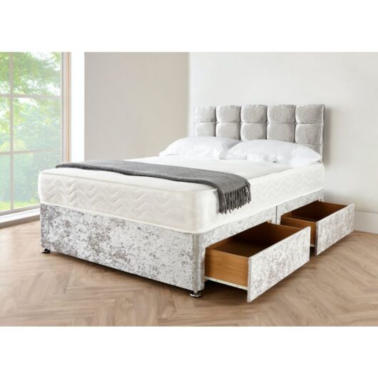 Sr Living Ltd - 4FT Small Double Silver Crushed Velvet Divan Bed with Mattress 10 and Matching Colour Plain Headboard - 2 Free Storage Drawers