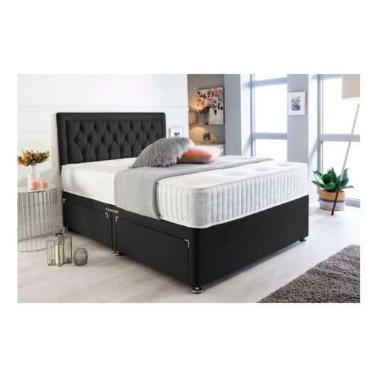 Sr Living Ltd - 4FT6 Double Black Suede Divan Bed set with 20'' Headboard & 10'' spring foam Mattress with 2 Drawers.