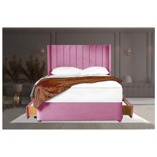 Sr Living Ltd - 4FT6 Double Pink Plush Divan Bed Set, Vertical Headboard, 10'' Spring Foam Mattress, 2 Drawers