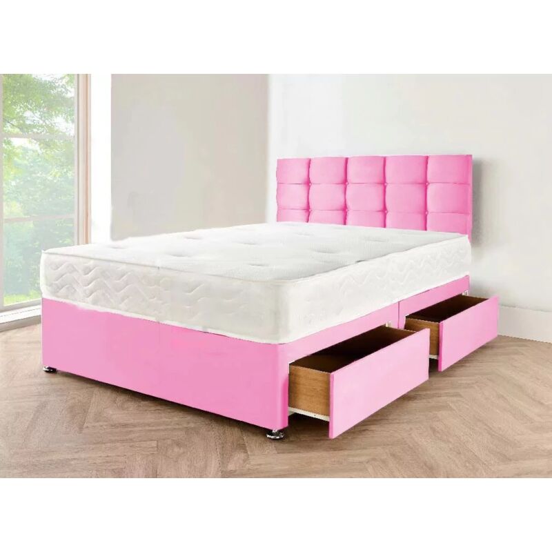 Sr Living Ltd - 4FT6 Double Pink Suede divan bed Set with Headboard & Mattress (2 storage Drawers included)